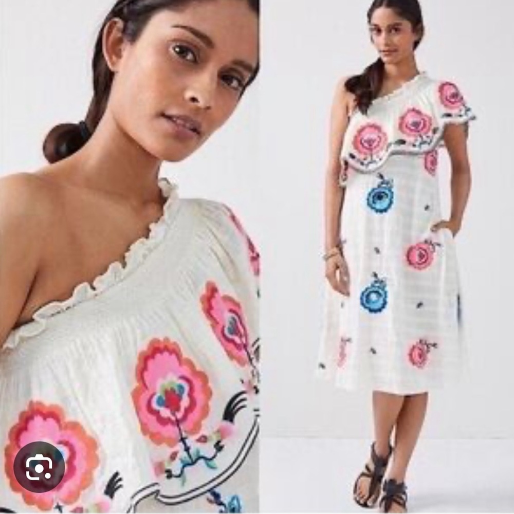 Anthropologie One-Shoulder White Dress with Pink & Blue Floral Embroidery